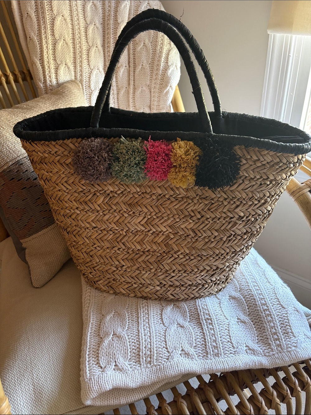 Woven Straw Tote Bag w/ Colorful Pom Pom Trim Black interior cloth drawstring